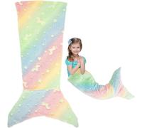 100x50cm Kids Mermaid Tail Blanket - Luminous Colorful Ombre Snuggle Flannel Soft Sofa Sleeping Bag With Double Stitching for Girls 3 to 6 Years (Pink Green)
