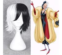101 Dalmatians Cruella Devil Cosplay Wig 32Cm Half Black And White Fluffy Short Layered Synthetic Wigs + Wig Cap