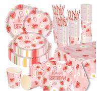 101PCS Strawberry Birthday Party Supplies, Strawberry Birthday Tableware Party Plates 9" 7" Plates Napkins Straws 9 Oz Cups Tablecloth Serves 20 Guets for Strawberry Birthday Party Decoration