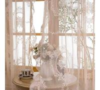 102 Inches Length Beige Lace Curtains for Bedroom 2 Panels Set Vintage Boho Curtains Sheer Floral Embroidery Ruffled Window Treatment