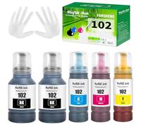 102 Ink Compatible with Epson 102 ink refill bottles Multipack for EcoTank ET-2856 ET-3850 ET-15000 ET-2850 ET-4850 ET-4750 ET-4856 ET-2851 ET-2750 ET-2750 ET-2700 printer 7500 page (5 Pack 2BK/C/M/Y)