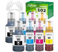 102 Ink Compatible with Epson 102 ink refill bottles Multipack for EcoTank ET-2856 ET-3850 ET-15000 ET-2850 ET-4850 ET-4750 ET-4856 ET-2851 ET-2750 ET-2750 ET-2700 printer 7500 page (8-P 2BK/2C/2M/2Y)