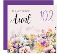 102nd Aunt Birthday Card - Purple Floral Aunty Aunties Birthday Card for 102 Year old