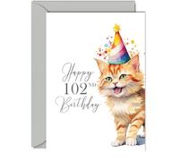 102nd Birthday Cards for Men Women - Party Cat Kitten - Happy Birthday Card for 102 Year Old Man Woman Great Grandad Nan Grandma Dad Mum Uncle Auntie Cousin, A5 Bday Greeting Cards