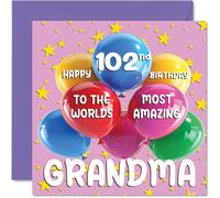 102nd Grandma Birthday Card - World's Most Amazing Grandma - Happy 102nd Birthday Card from Granddaughter Grandson, 145mm Age 102 Greeting Cards for Granny