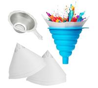102Pcs Disposable Paper Paint Filters Kit, 100 Pcs 100 Micron Nylon Mesh Cone 3D Resin Paper Filters with 1 Silicone Funnel & 1 Colander, Paint Strainer for Automotive Spray Guns Arts Crafts