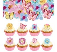 102Pcs Edible Blossoms Cake Decorations,Edible Flowers & Butterfly Cupcake Toppers Wafer Paper Flowers Cake Toppers for Wedding Anniversary Birthday Party Cake Food Decorations Supplies