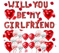1045Pcs Will You Be My Girlfriend Decorations Romantic Night Proposal Set Red Heart Balloons Rose Petals Kit 16'' Letters Balloons Surprise for Her Girlfriend Confession Party Decoration Anniversary
