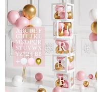 104Pcs Baby Shower Boxes for Girls,5 Pink Balloon Boxes with Letters, 45 Pink White Gold Balloons, for Baby Shower Favours, Birthday, Christening Decorations Communion Decorations for Girls, Diy Names