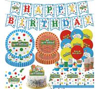 104pcs Birthday Party Decorations Cute Theme Tableware Set Include 9 Inches Plates, 7 Inches Plates, Happy Birthday Banner, Ballons, Napkins, Cups, Tablecloth, Cake Toppers and Cupcake Toppers