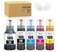 105 106 Ink Compatible with Epson 105 106 Ink Bottle Multipack Replacement for EP L-7160 L-7180 ET-7700 ET-7750 (5 Pack, Black/Photo Black/Cyan/Magenta/Yellow)