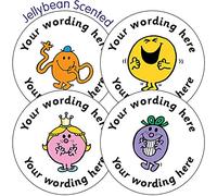 105 Personalised Scented Jellybean Mr Men Little Miss Motivational School Praise Teachers Reward Stickers 37mm Primary Teaching Services…
