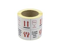 105mm x 75mm, 3 Icon, This Way up, Fragile, Handle with Care Printed Shipping Labels. 500 Per Roll.