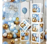 105pcs Baby Shower Boxes for Boys, 6 Blue Balloon Boxes with Letters 54pcs (2 B+A-Z), 45 Blue White Gold Balloons, Baby Boxes for Baby Shower Decorations, Birthday Party, Prom, Christening, DIY Name