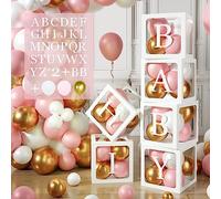105Pcs Baby Shower Decorations Boxes for Girls, 6 Pink Balloon Boxes with 54 Letters, 45 Pink Gold Balloons, for Baby Shower Birthday Party Christening Decorations Girls Gender Reveal DIY Custom Name