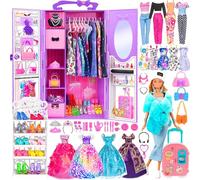 106pcs 11.5 inch Girl Doll With Doll Closet Clothes and Accessories,Blue Fur Shawl with Dress, Luggage, Princess Gowns, Outfits, Bikini, Shoes Rack Toys for 3+ Years Old Girls (include doll)