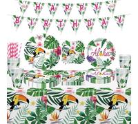107 Pack Hawaiian Luau Party Supplies Tropical Luau Plate Set Hawaii Dinnerware Set Tropical Banner Hawaii Tablecloth Summer Themed Birthday Party Decorations Aloha Party Serves 20
