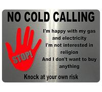 1075 STOP NO COLD CALLING Metal Aluminium Plaque Sign Door Gate House Office (85x54mm - Credit Card Size, Brushed Silver)