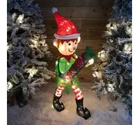 107cm Warm White LED Lit Elf Character with Present Christmas Decoration in Green and Red