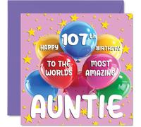 107th Auntie Birthday Card -World's Most Amazing Auntie - Happy 107th Birthday Card from Nephew Niece, 145mm Age 107 Greeting Cards for Aunt Aunty