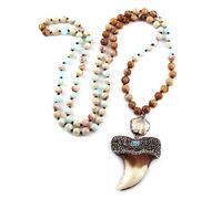 108 Beads Mala Natural Stone Knotted Link Crystal Pave Charm Pendant Necklace Meditation Yoga Necklace,Big Exaggerated Teeth Shape,Choker Jewelry For Women Men Gift ui