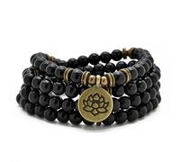 108 Healing Mala Beads Bracelet or Necklace with Gold Lotus Charm (Black Agate)