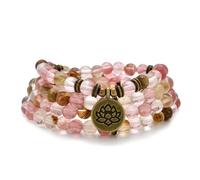 108 Healing Mala Beads Bracelet or Necklace with Gold Lotus Charm (Watermelon Tourmaline)