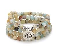 108 Mala Prayer Beads Bracelet Necklace Protection Yoga Meditation Jewellery with the Evil Eye Charm Yoga Symbol (Amazonite)