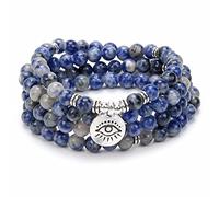 108 Mala Prayer Beads Bracelet Necklace Protection Yoga Meditation Jewellery with the Evil Eye Charm Yoga Symbol (Blue Spot Jasper Agate)
