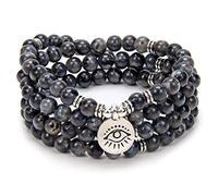 108 Mala Prayer Beads Bracelet Necklace Protection Yoga Meditation Jewellery with the Evil Eye Charm Yoga Symbol (Grey Labradorite)
