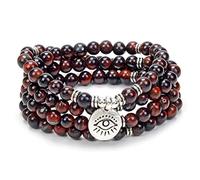 108 Mala Prayer Beads Bracelet Necklace Protection Yoga Meditation Jewellery with the Evil Eye Charm Yoga Symbol (Red Tiger Eye)