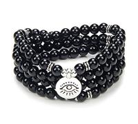 108 Mala Prayer Beads Bracelet Necklace Protection Yoga Meditation Jewellery with the Evil Eye Charm Yoga Symbol (Black Agate)