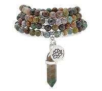 108 Natural Mala Prayer Beads Bracelet Necklace with Lotus Charm and Reiki Quartz Hexagonal Prism Pendant