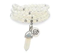 108 Natural Mala Prayer Beads Bracelet Necklace with Lotus Charm and Reiki Quartz Hexagonal Prism Pendant (Opal)