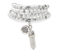 108 Natural Mala Prayer Beads Bracelet Necklace with Lotus Charm and Reiki Quartz Hexagonal Prism Pendant (Howlite)