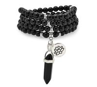 108 Natural Mala Prayer Beads Bracelet Necklace with Lotus Charm and Reiki Quartz Hexagonal Prism Pendant (Black Agate)