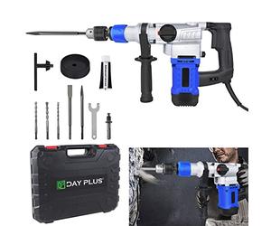 1080W Rotary Hammer Drill Corded Electric Electric SDS Plus Drill, Heavy Duty Variable Speed Hammer Drill Set with 3 Drill Bits & Flat Chisels & Point Chisels for Stone Masonry Brick Metal & Wood