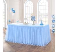 108in Baby Blue Tulle Table Skirts for Rectangle Tables 6/8/4ft, 2-Layer Gold Grim Ruffle Tulle Tutu Blue Cloth Table Skirt 9ft Decor Boy Birthday Party Baby Shower Cake Dessert Tables(No Table Cover)