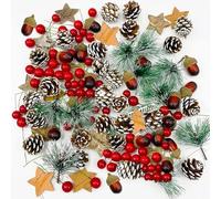 108PCS Christmas Wreath Making Decoration Artificial Pine Cone Berry Set Natural Pine Cone Red Holly Berries Pines Branches for DIY Xmas Wreath Decorations Crafts Christmas Tree Ornament