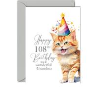 108th Birthday Cards for Grandma - Party Cat Kitten - Happy Birthday Card for 108 Year Old Grandma from Granddaughter Grandson, A5 Bday Woman Women Her Greeting Cards Gift for Grandma Birthday Gifts