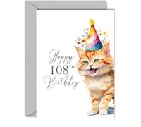 108th Birthday Cards for Men Women - Party Cat Kitten - Happy Birthday Card for 108 Year Old Man Woman Great Grandad Nan Grandma Dad Mum Uncle Auntie Cousin, A5 Bday Greeting Cards