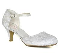 109/488 Women's Lace Embellished Low Heel Ankle Strap Mary Jane Wedding Bridal Shoes 3-8 (White Lace, Numeric_7)