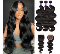 10A Body Wave Bundles with Closure for Black Women(26 28 30+20)100% Unprocessed Body Wave Virgin Human Hair 3 Bundles with 4x4 Lace Closure Brazilian Human Hair Weave Bundles with Closure