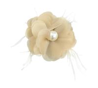 10cm Handcrafted Fabric Flower Clip Brooch with Pearl Centre and Feather Accents - Elegant Floral Corsage Accessory for Weddings, Blouse, Dress & Everyday Elegance (Khaki)