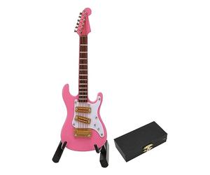 10cm Mini Electric Guitar Model, Miniature Pink Wooden Guitar with Storage Box, Realistic Musical Instrument, Dollhouse Ornament, Decoration for Home, Office and Desktop