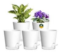 10cm Self Watering Plant Pots, 5 Pack Plastic Self Watering Planter with Drainage Holes & Saucer, Ideal for All Indoor Outdoor House Flowers and Plants(White With Transparent Drainage)