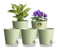10cm Self Watering Plant Pots, 5 Pack Plastic Self Watering Planter with Drainage Holes & Saucer, Ideal for All Indoor Outdoor House Flowers and Plants(Green With Transparent Drainage)
