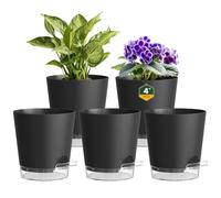10cm Self Watering Plant Pots, 5 Pack Plastic Self Watering Planter with Drainage Holes & Saucer, Ideal for All Indoor Outdoor House Flowers and Plants(Black With Transparent Drainage)