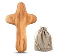 10cm Wooden Cross, Mini Olive Wood Holding Comfort Cross Handcrafted Religious Keepsake Men Women with Portable Woven Linen Sack Christian Faith Symbol Handheld Design Comfortably Fit Kids Adults