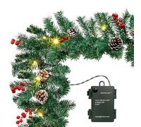 10FT Christmas Garland with 50 LED Lights - Pre-lit Outdoor Xmas Garland - Battery Powered Waterproof String Light with Timer - Pine Garland with Red Berries Snow Pine Cones - 10 Foot by 10 Inch